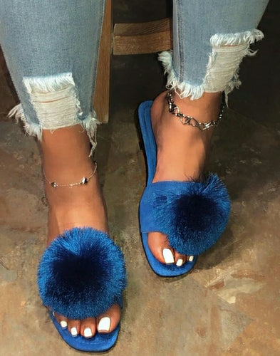 Blue Pom Pom Slides - M&M Royal Emporium